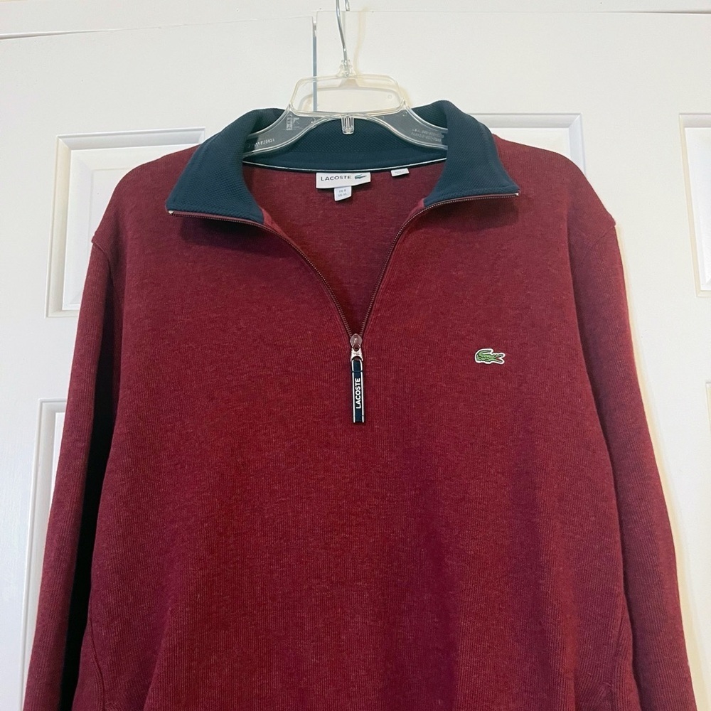 Lacoste Dark Red Quarter Zip Up Pullover Sweater with Black Collar & Logo. XL